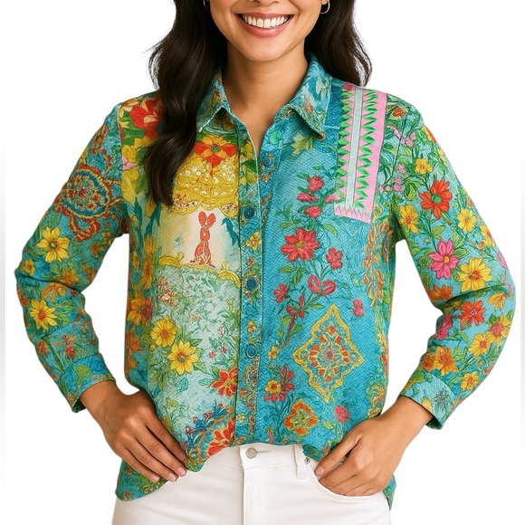 Johnny Was Aria Patchwork silk shirt NWT
